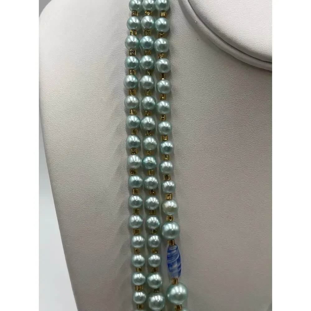 Japan Triple Strand‎ Teal Blue Beaded Necklace Graduated Beads Hook Closure